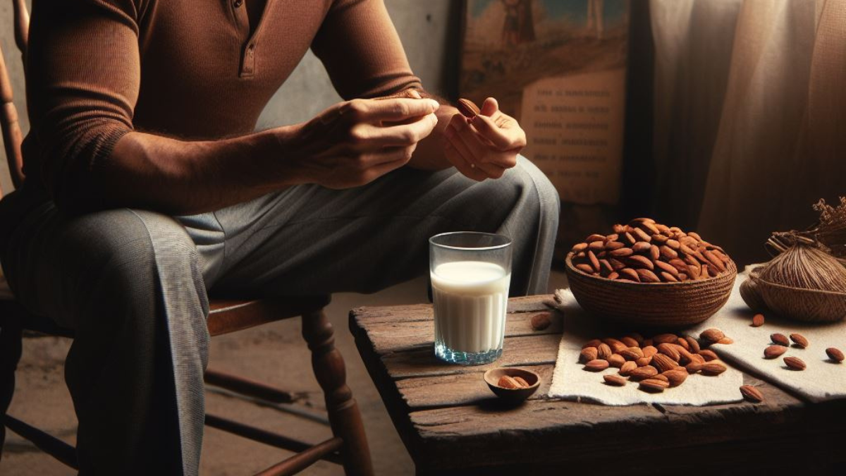 Man Eating Almonds with Milk